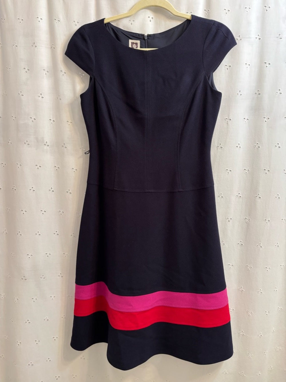 Anne Klein Navy Fit-and-Flare Midi Dress with Pink and Red Hem